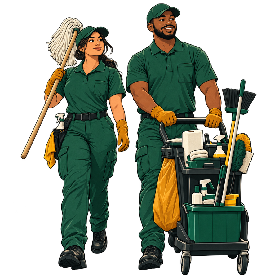 Illustration of a janitorial crew in green uniforms with a professional cleaning cart