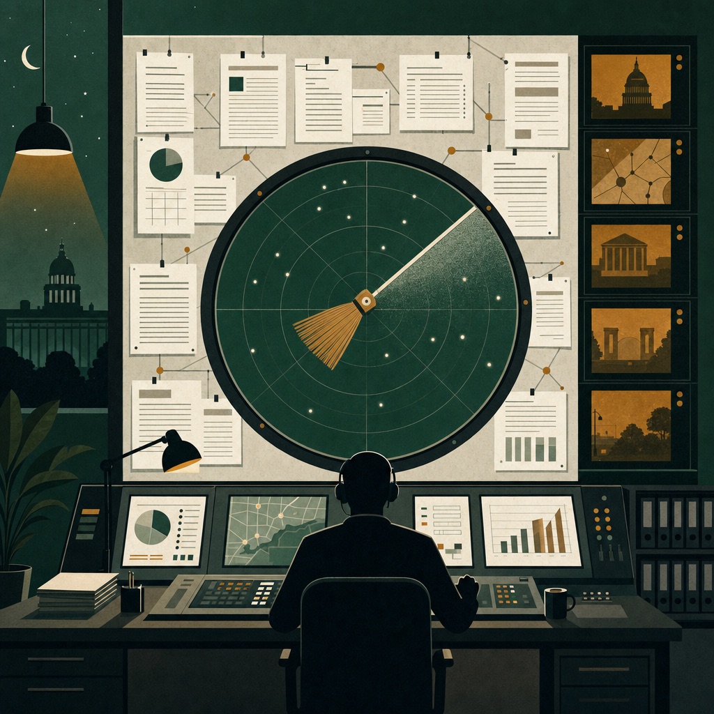 Illustration of an operations desk sweeping across a wall of bid documents